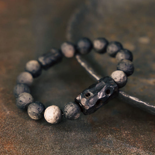 Spirituality Buddha Karma Silver Sheen Obsidian Ebony Wood Soothing Bracelet