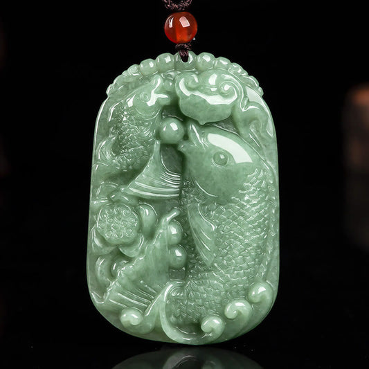 Jade  Natural Jade Koi Fish Lotus Wealth Prosperity Necklace Pendant
