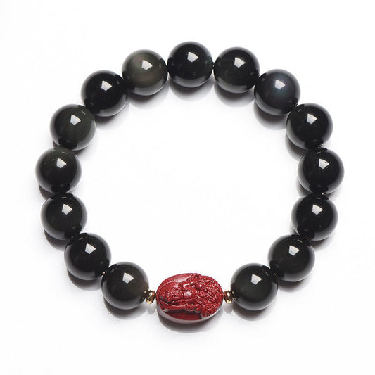 Spirituality Buddha Karma Chinese Zodiac Natal Buddha Natural Black Obsidian Cinnabar Purification Bracelet