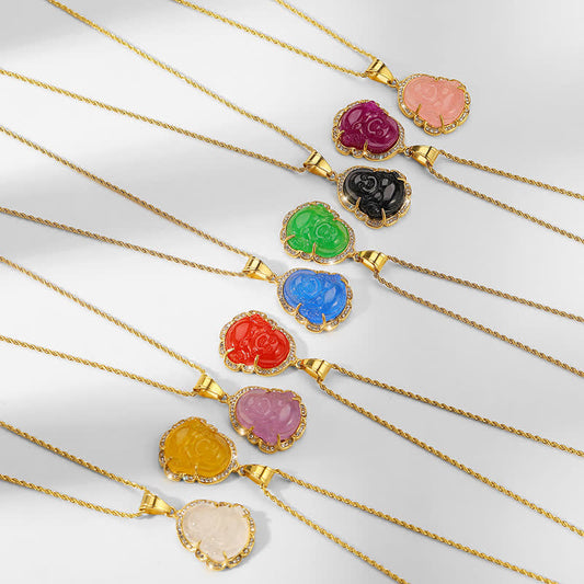 Buddha Energy Necklace 18K Gold Filled Laughing Buddha Jade Luck Necklace Chain Pendant