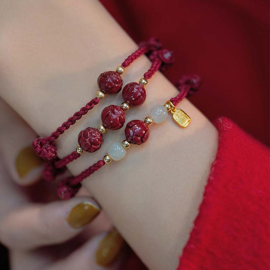 Ancient Tibetan Buddhist Red String Tradition  Cinnabar Jade Lotus Calm Red String Weave Bracelet