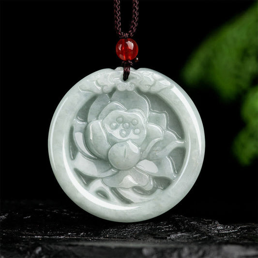 Jade  Natural Jade Lotus Flower Carved Prosperity Necklace Pendant