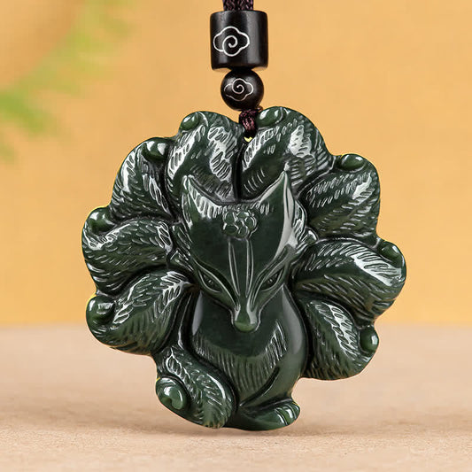 Jade  Hetian Cyan Jade Nine Tailed Fox Luck Necklace String Pendant