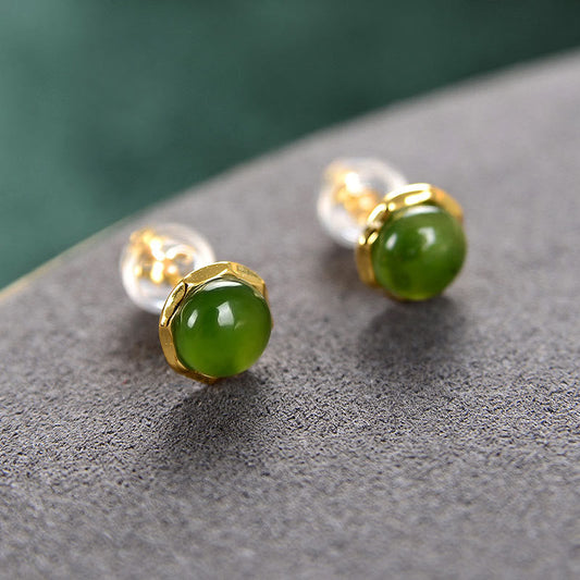 Jade  925 Sterling Silver Plated Gold Natural Hetian Cyan Jade Bead Luck Stud Earrings