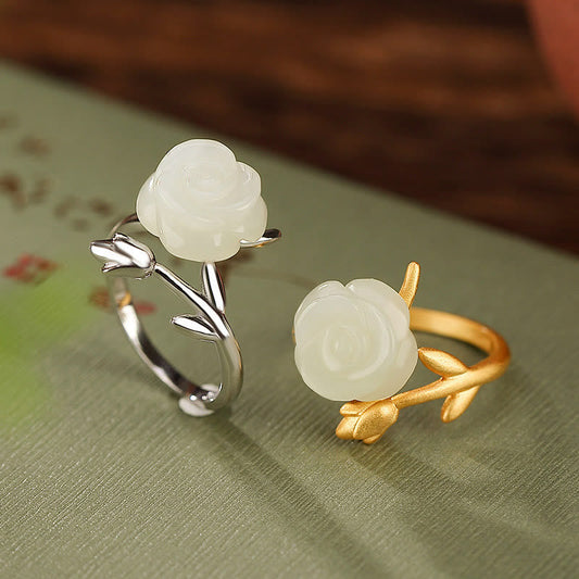 Jade  925 Sterling Silver Plated Gold Rose Flower Hetian White Jade Happiness Ring