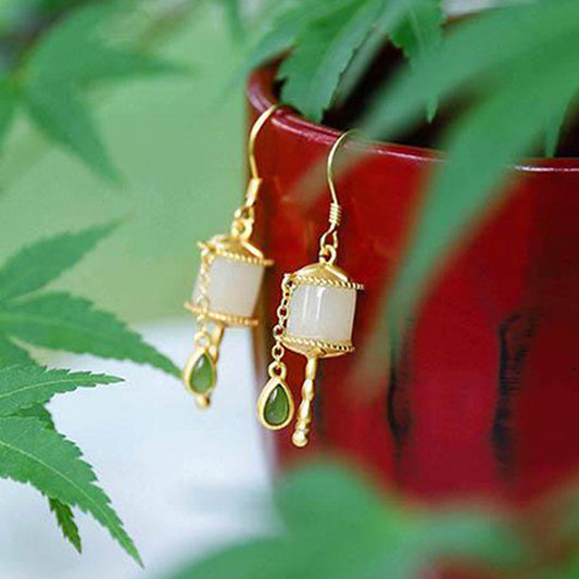 Jade  925 Sterling Silver Jade Prayer Wheel Luck Drop Earrings