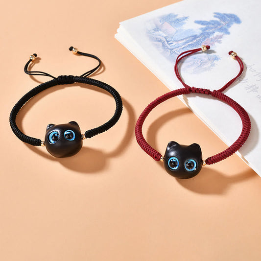 Ancient Tibetan Buddhist Red String Tradition  Ebony Wood Cat Head Pattern Peace King Kong Knot Braided Bracelet