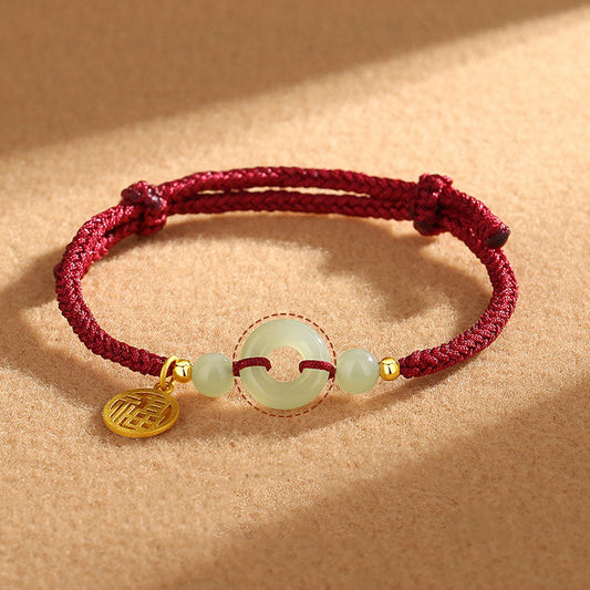 Ancient Tibetan Buddhist Red String Tradition  925 Sterling Silver Hetian Jade Peace Buckle Fu Character Charm Abundance Bracelet
