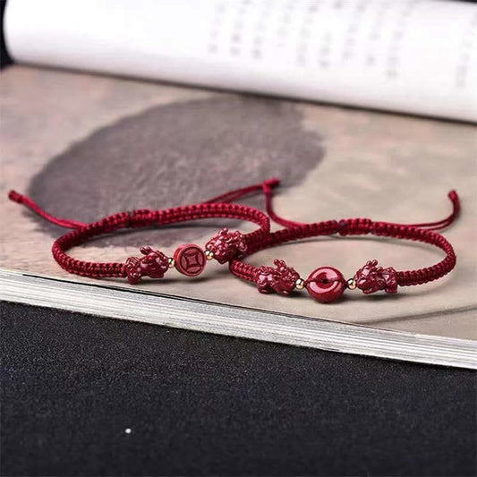 Ancient Tibetan Buddhist Red String Tradition  Cinnabar PiXiu Blessing Copper Coin Peace Buckle Red String Bracelet
