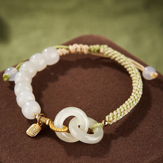 Ancient Tibetan Buddhist Red String Tradition  Natural Hetian Jade Bead Double Peace Buckle Fu Character Abundance Braided Bracelet