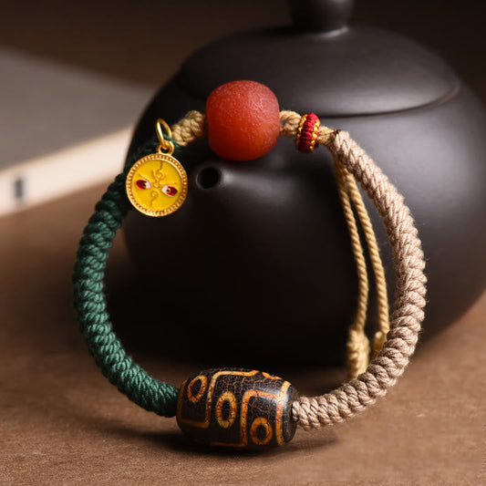 Ancient Tibetan Buddhist Red String Tradition  Handmade Tibetan Nine-Eye Dzi Bead Wealth Rope Bracelet