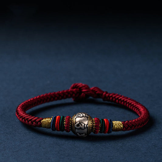 Ancient Tibetan Buddhist Red String Tradition  925 Sterling Silver Tibet Handmade Om Mani Padme Hum Luck Protection King Kong Knot Braided Bracelet