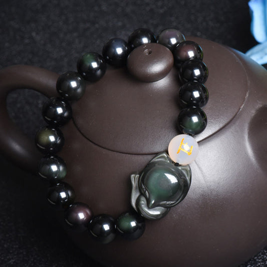 Spirituality Buddha Karma Natural Rainbow Obsidian Gold Sheen Obsidian Silver Sheen Obsidian Fox Healing Bracelet