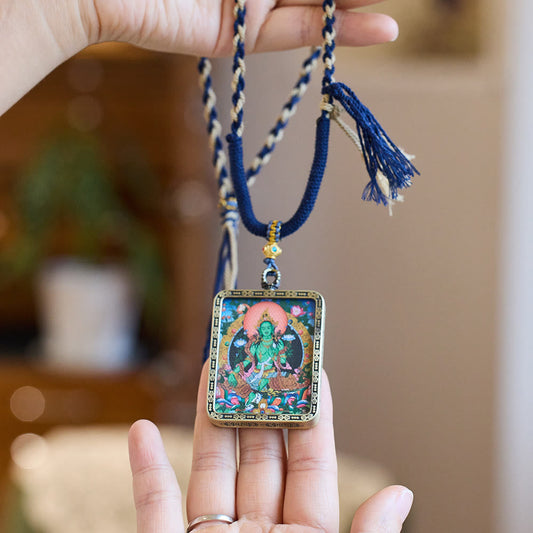 Buddha Energy Necklace Tibetan Green Tara Hand-Painted Thangka Buddha Protection Necklace Pendant