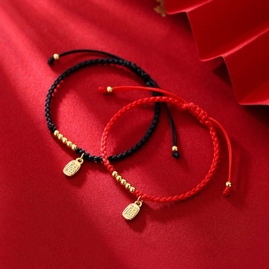 Ancient Tibetan Buddhist Red String Tradition  Handmade Fu Character Charm Luck Fortune Rope Bracelet