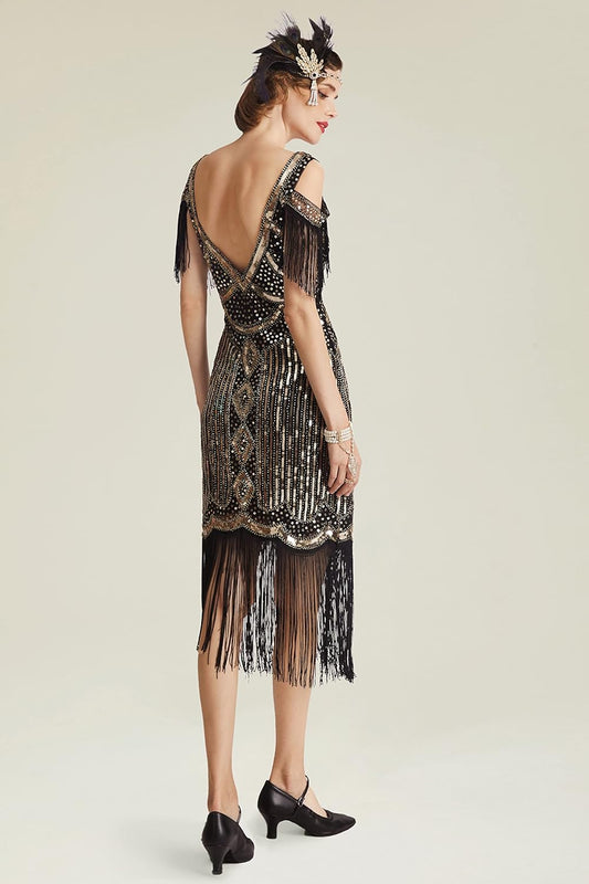 Womens 1920s Flapper Dress Vintage Long Fringe Dress Roaring 20s Sequins Beaded Dress