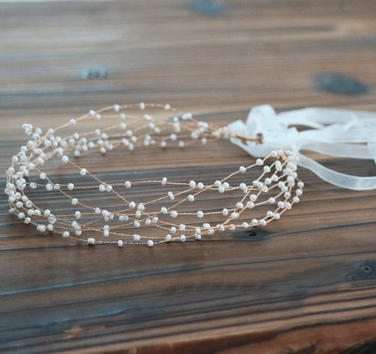 Bridal Headpiece Wedding Headband - Pearl Vintage Wedding Hair Bands for Brides with Lace Ribbon (White Beads)