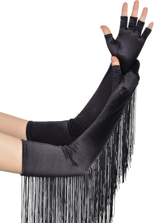 Vintage Long Opera Pageant Gloves - 1920s Fringe Fingerless Elbow Gloves for Costume Party Wedding