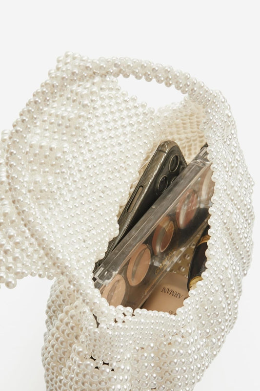 Women Pearl Clutch Purse - Bucket Beaded Bridal Evening Bag Formal Reticulated Bag with Inner Bag for Party Wedding