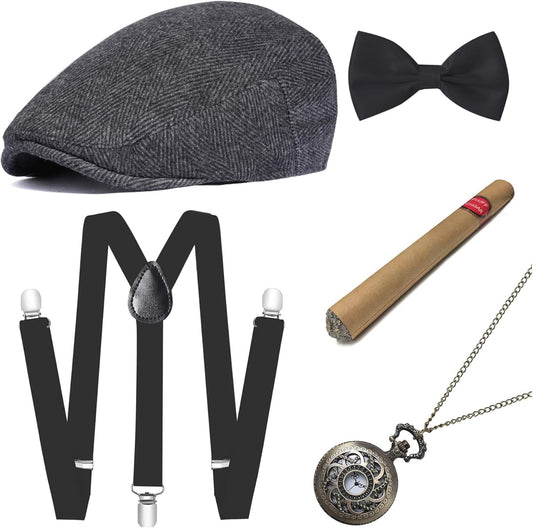 1920s Mens Gatsby Gangster Costume Accessories Set 30s Manhattan Fedora Hat Bow Tie Suspenders