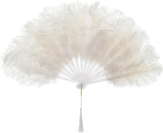 Vintage Style Folding Handheld Ostrich Feather Fan 1920s Flapper Accessories (White)