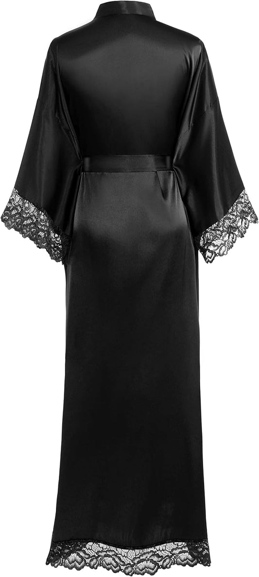 Satin Kimono Robe Silky Long Bridesmaid Wedding Lightweight Bath Robe with Lace Trim