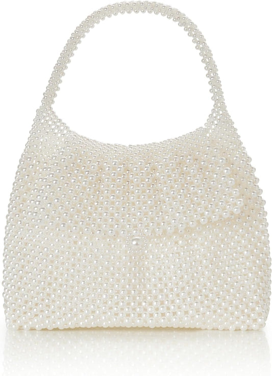 Women Pearl Clutch Purse - Bucket Beaded Bridal Evening Bag Formal Reticulated Bag with Inner Bag for Party Wedding