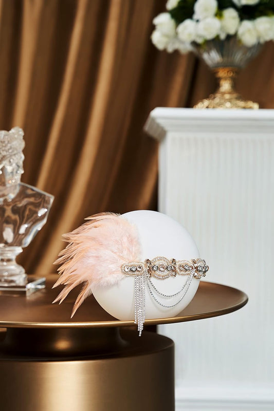1920s Flapper Headband Roaring 20s Gatsby Headpiece Black Feather Headband 1920s Flapper Hair Accessories (Nude Pink)
