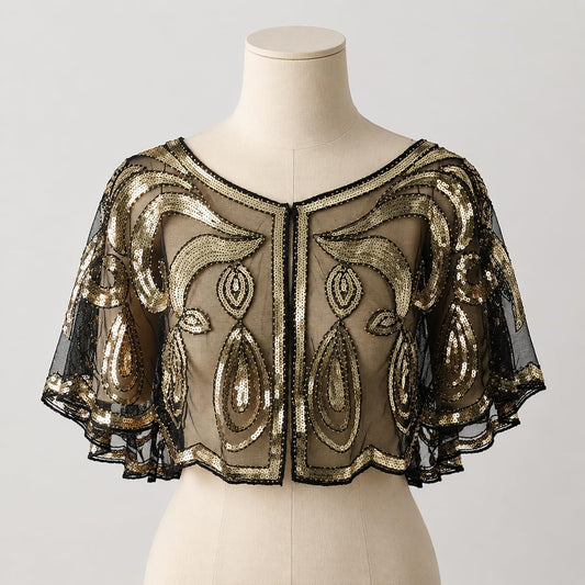 1920s Gatsby Vintage Sequin Beaded Mesh Shawl for Women, Elegant Bolero Cape Wrap, Beaded Evening Jacket, Wedding & Cocktail Dress Cover Up