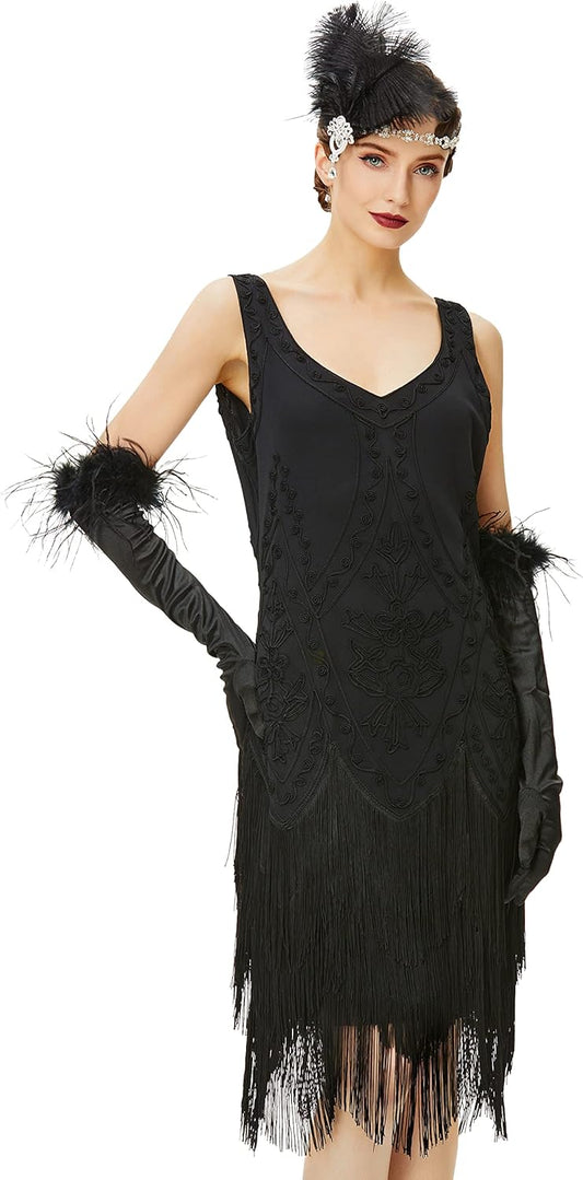 1920s Flapper Dress Roaring 20s Great Gatsby Costume Dress Fringed Embellished Dress