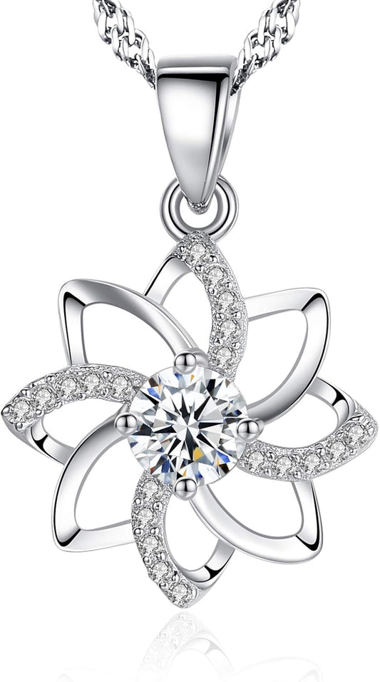 925 Sterling Silver,Diamond Love and Flower Pendant.18 inches,Prince of Wales Chain,Diamond Cut Twist Curb Necklace Chain Women Girls Jewelery Box (Silver001)