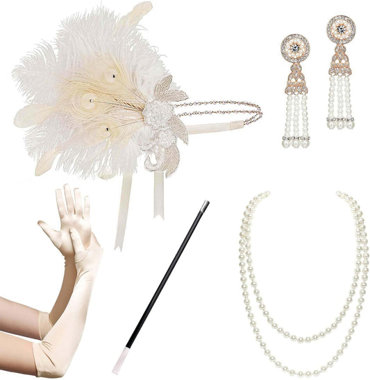 1920s Flapper Accessories Gatsby Costume Accessories Set 20s Flapper Headband Pearl Necklace Gloves Plastic Holder