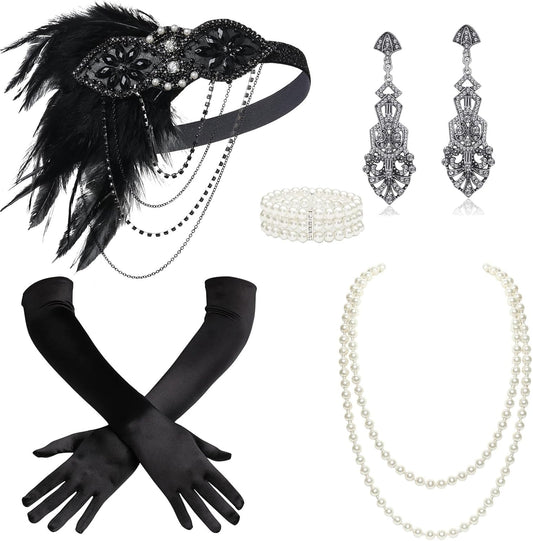 1920s Accessories for Women - Flapper Headpiece Feather Great Gatsby Accessories for Women Pearl Necklace Gloves