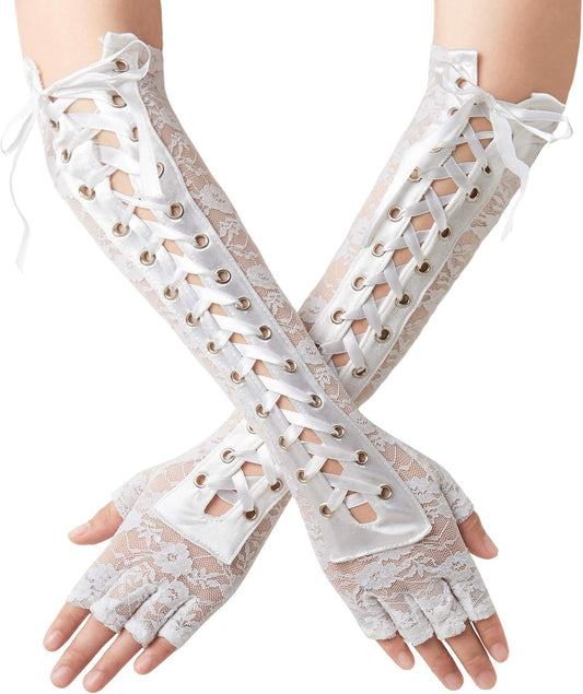 Lace Up Fingerless Gloves Long Elbow Gloves for Costume Party Lace-up Arm Warmer