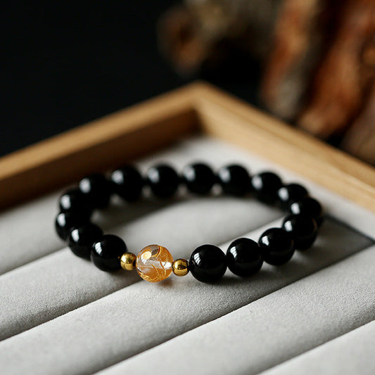 Spirituality Buddha Karma Natural Black Obsidian White Crystal Black Onyx Dragon Strength Bracelet