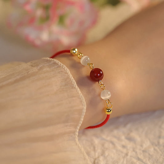 Ancient Tibetan Buddhist Red String Tradition  Red Agate Cat Eye Braided String Confidence Bracelet