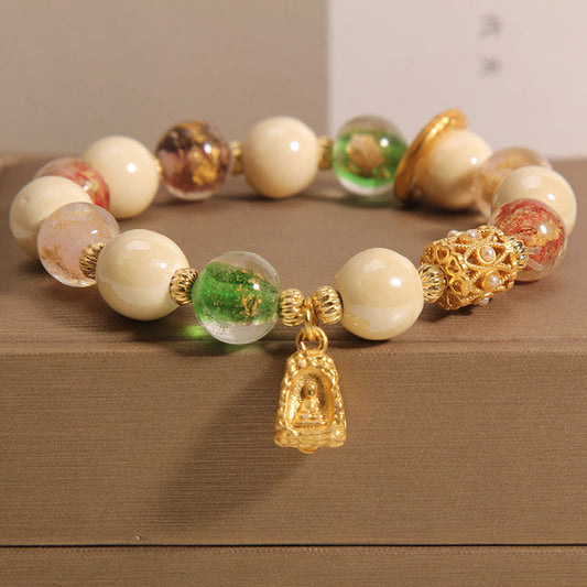 Spirituality Tibetan Multicolored Liuli Glass Bead Buddha Lotus Charm Enlightenment Bracelet