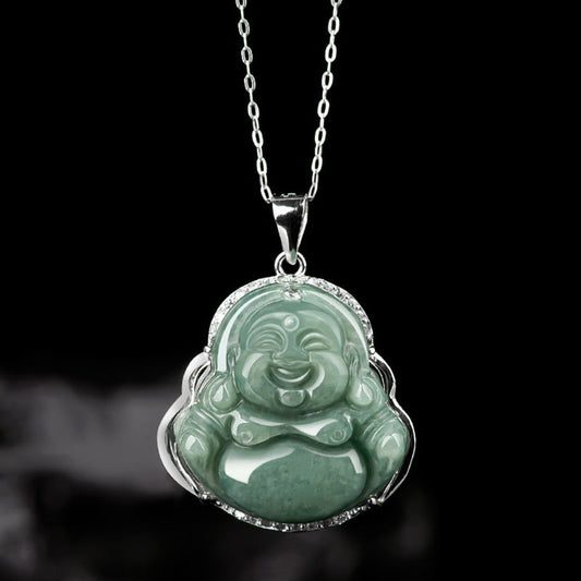 Jade  925 Sterling Silver Laughing Buddha Jade Abundance Necklace Chain Pendant