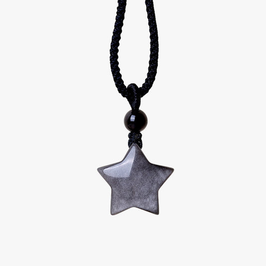 Spirituality Buddha Karma Natural Silver Sheen Obsidian Star Crescent Moon Protection Necklace Pendant
