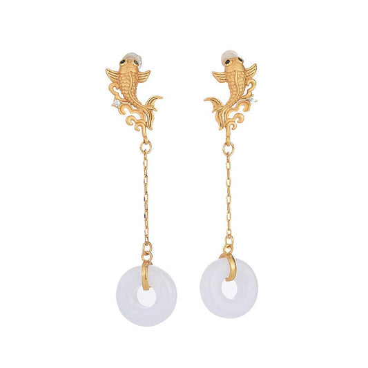 Jade  FengShui Koi White Jade Fortune Earrings