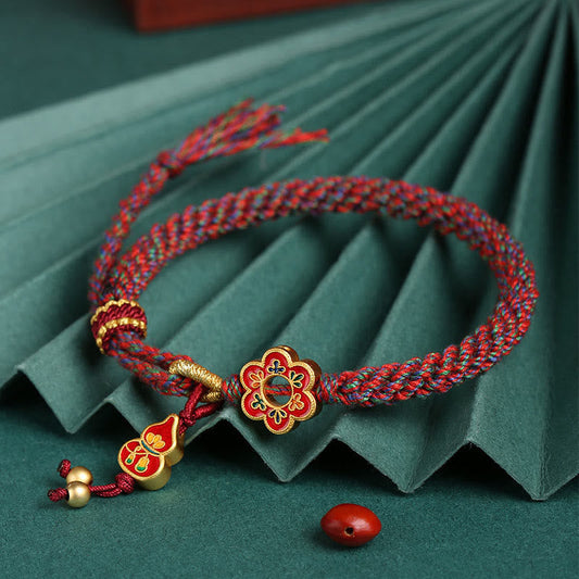 Ancient Tibetan Buddhist Red String Tradition  Handmade Colorful Gourd Flower Protection Braided String Bracelet