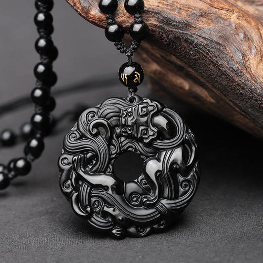 Spirituality Buddha Karma Natural Black Obsidian Peace Buckle Pixiu Purification Necklace Pendant