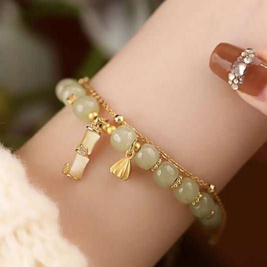 Jade  Natural Hetian Jade Prosperity Lotus Bamboo Charm Bracelet