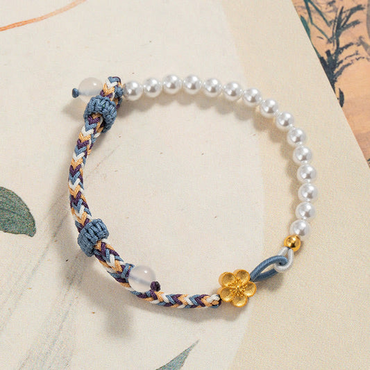 Ancient Tibetan Buddhist Red String Tradition  925 Sterling Silver Peach Blossom Pearl Chalcedony Healing Rope Bracelet