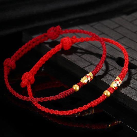 Ancient Tibetan Buddhist Red String Tradition  999 Gold Luck Koi Fish Handcrafted Braided String Bracelet