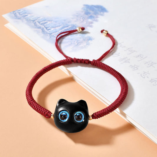 Ancient Tibetan Buddhist Red String Tradition  Ebony Wood Cat Head Pattern Peace King Kong Knot Braided Bracelet