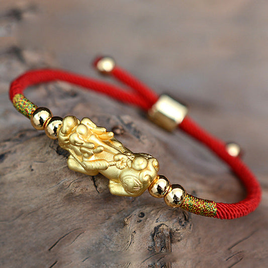 Ancient Tibetan Buddhist Red String Tradition  24K Gold-Plated PiXiu Luck Red String Bracelet