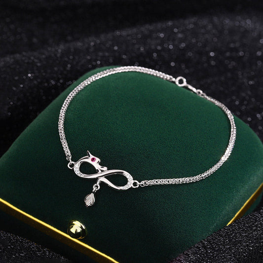 Ancient Tibetan Buddhist Red String Tradition  Year Of The Dragon 999 Sterling Silver Zircon Endless Knot Tail Charm Luck Protection Bracelet