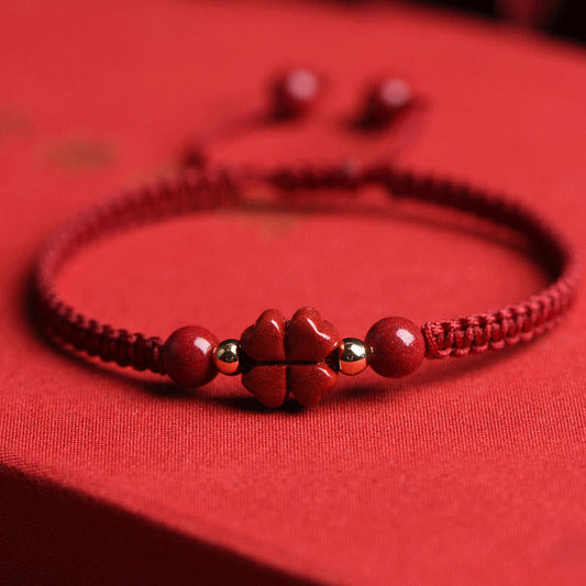 Ancient Tibetan Buddhist Red String Tradition  Four Leaf Clover Five-petal Flower Cinnabar Blessing Red String Bracelet