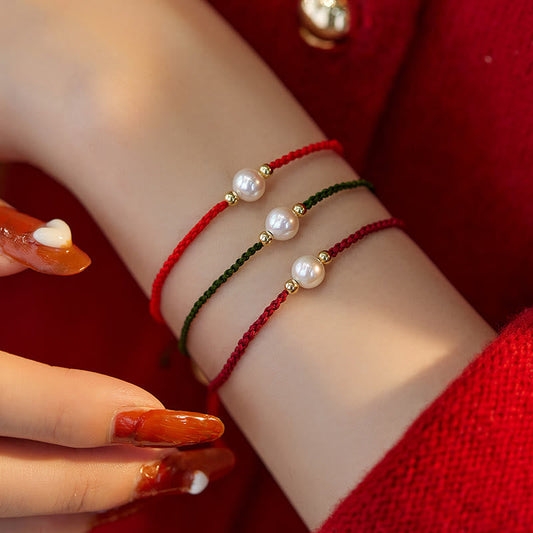 Ancient Tibetan Buddhist Red String Tradition  Natural Pearl Bead Luck Braid String Bracelet